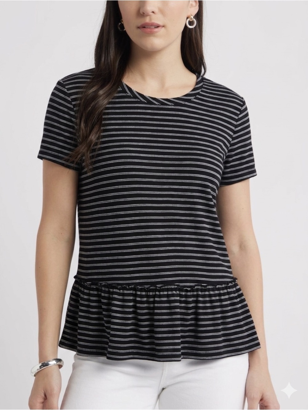 Caslon NEW Peplum Striped Crew Black White Long Sleeve Top XL Pullover Babydoll